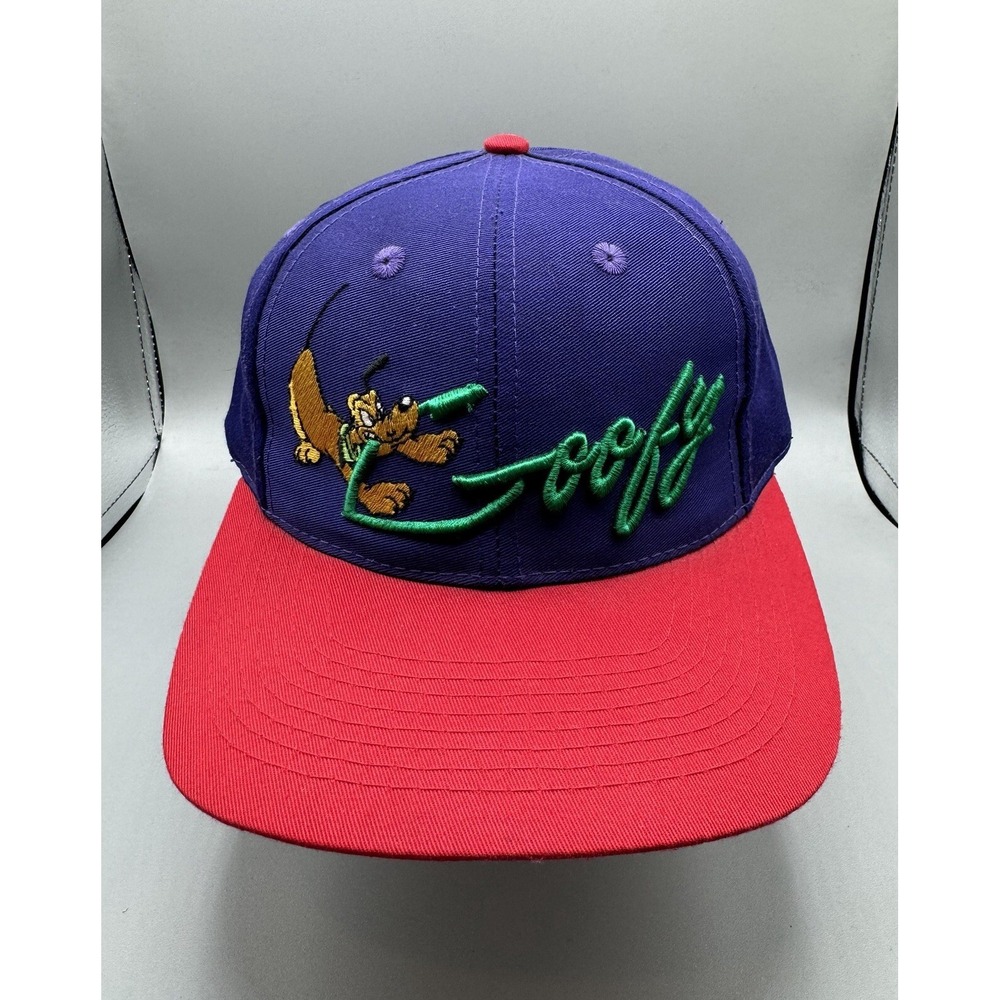 VTG Goofy Script Embroidered 90s Disney Store Purple Red Snapback Cap Hat